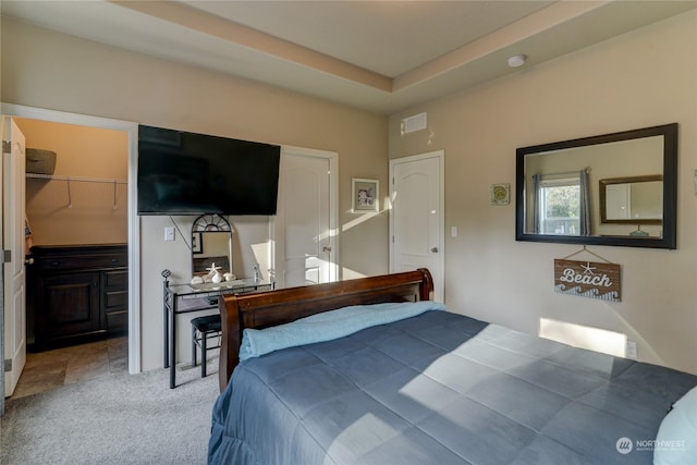 bedroom featuring a walk in closet, carpet flooring, and a closet