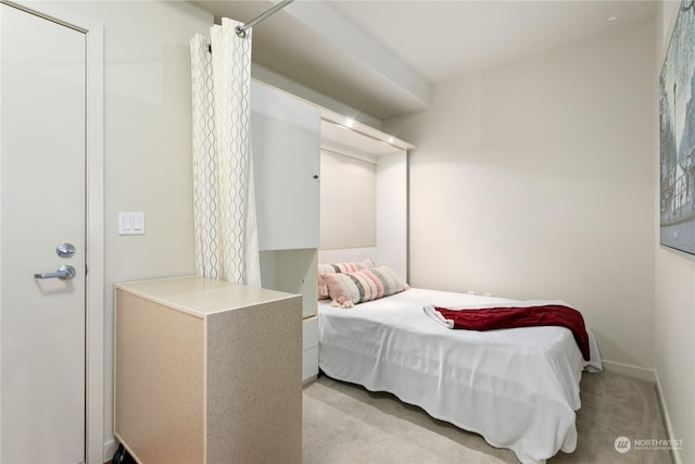 bedroom featuring light colored carpet