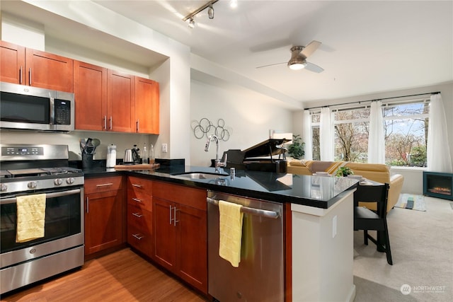 kitchen featuring ceiling fan, sink, stainless steel appliances, kitchen peninsula, and track lighting