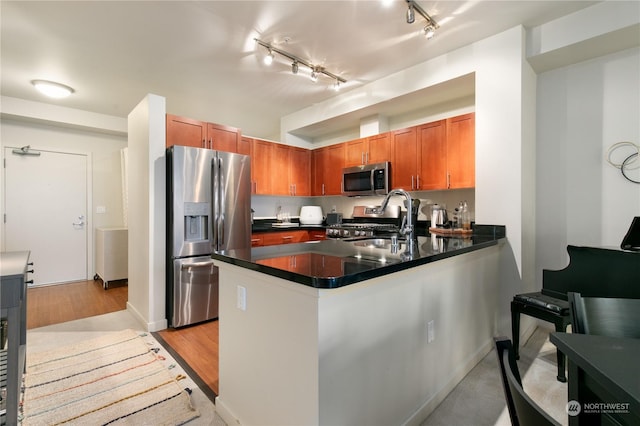 kitchen featuring kitchen peninsula, stainless steel appliances, light hardwood / wood-style floors, and sink