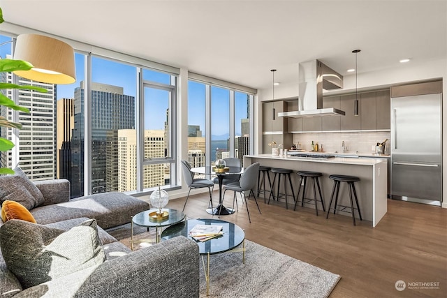 living room with hardwood / wood-style floors and sink