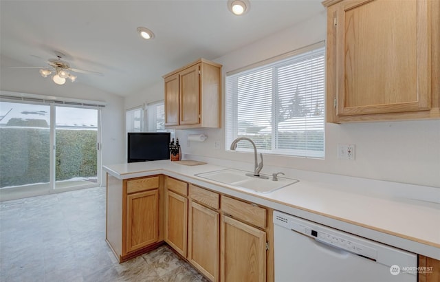 kitchen featuring white dishwasher, vaulted ceiling, a wealth of natural light, and sink