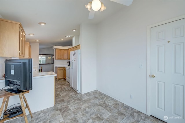 kitchen with white refrigerator with ice dispenser, light brown cabinetry, and ceiling fan