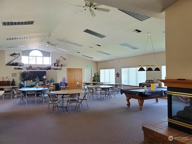 game room featuring ceiling fan, carpet floors, billiards, and vaulted ceiling