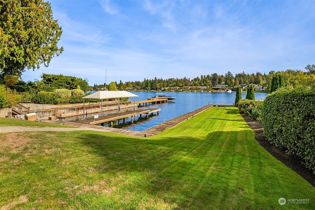 dock area with a water view and a lawn