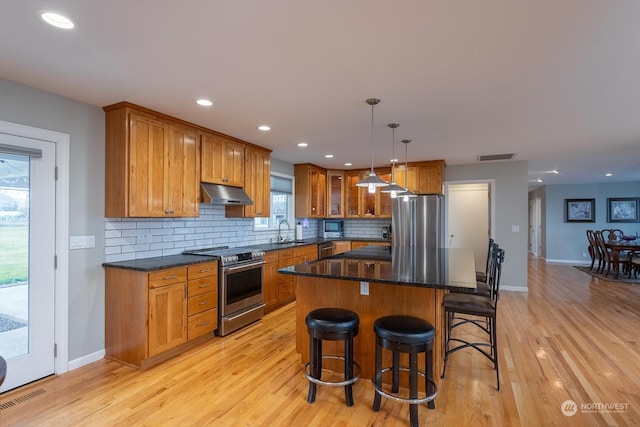 kitchen with backsplash, light hardwood / wood-style floors, decorative light fixtures, a kitchen island, and appliances with stainless steel finishes