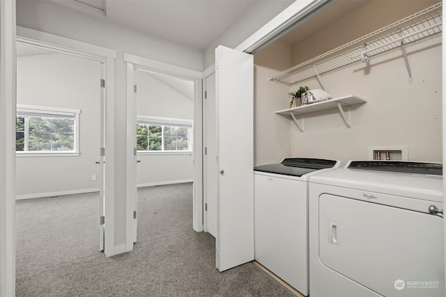 laundry room featuring light carpet and washing machine and clothes dryer