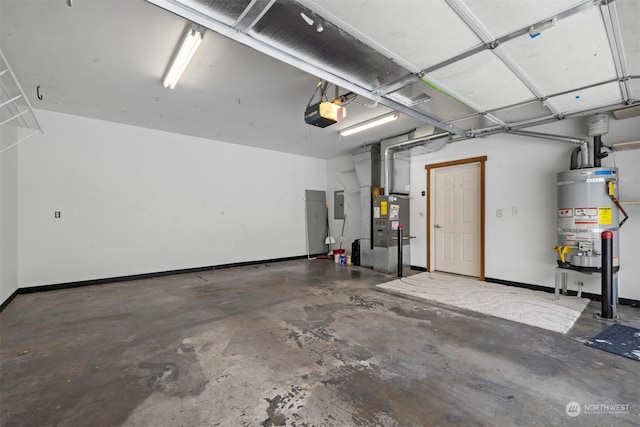 garage featuring a garage door opener, strapped water heater, electric panel, and heating unit