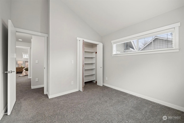 unfurnished bedroom with lofted ceiling, carpet flooring, and a spacious closet