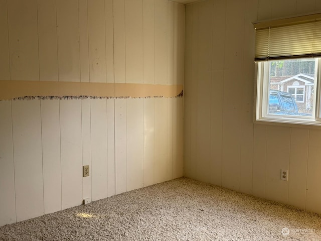 carpeted spare room with wood walls