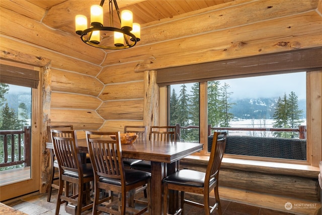 dining room with an inviting chandelier, plenty of natural light, log walls, and wooden ceiling