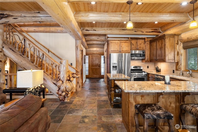 kitchen with beam ceiling, stainless steel appliances, wooden ceiling, and rustic walls