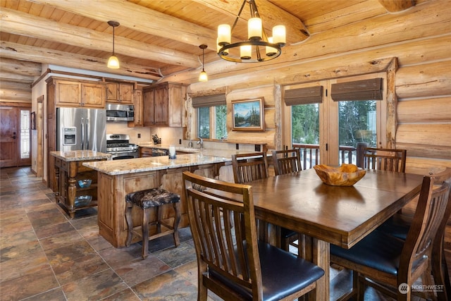 dining room with an inviting chandelier, wood ceiling, beam ceiling, and rustic walls