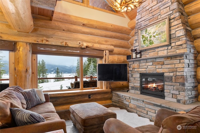 living room with high vaulted ceiling, log walls, a stone fireplace, and wooden ceiling