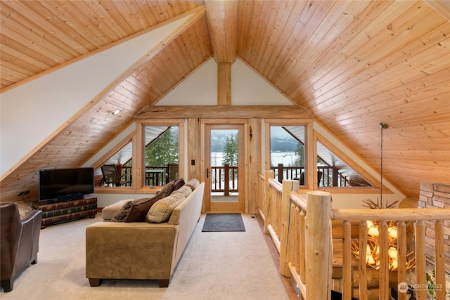 living room featuring light colored carpet, lofted ceiling with beams, and wooden ceiling