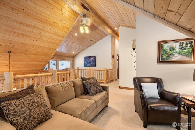 carpeted living room with vaulted ceiling with beams, wood ceiling, and ceiling fan