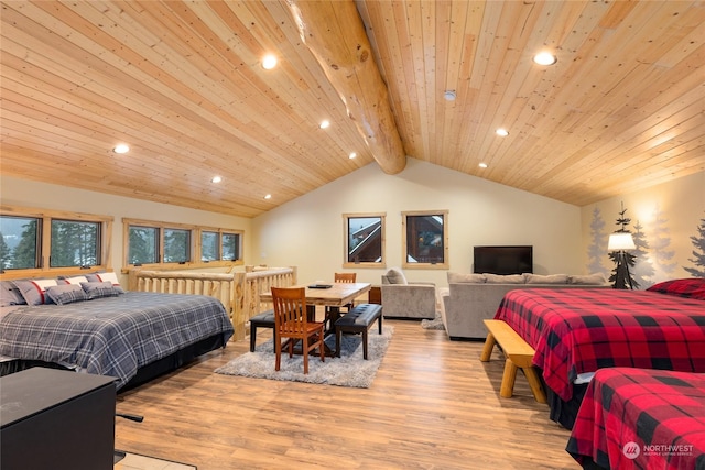 bedroom with vaulted ceiling with beams, light hardwood / wood-style flooring, and wooden ceiling