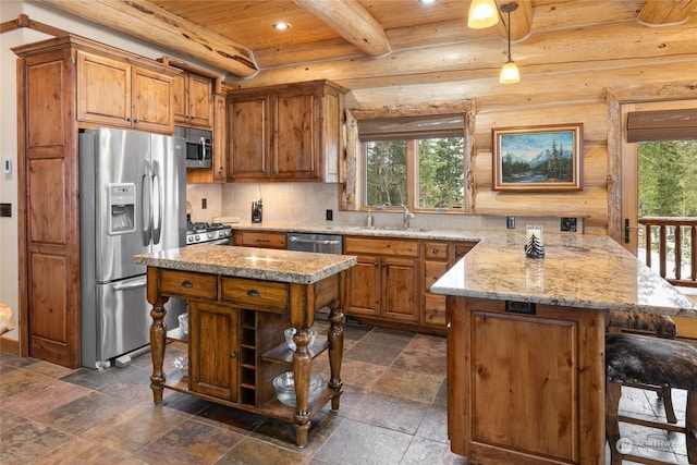 kitchen featuring beam ceiling, a center island, wooden ceiling, stainless steel appliances, and log walls