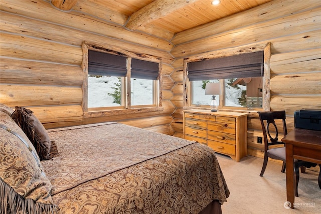 bedroom featuring beam ceiling, light colored carpet, wooden ceiling, and rustic walls