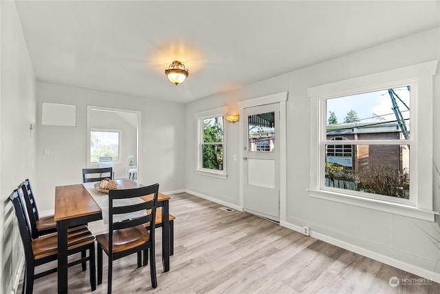 dining space featuring a wealth of natural light and light hardwood / wood-style flooring