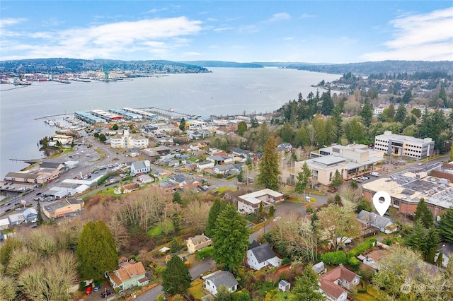 aerial view featuring a water view