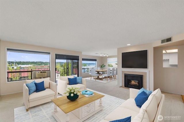 908 E Bay Dr NE Unit 203, Olympia, WA 98506 - living room featuring light carpet, baseboards, cooling unit, and a fireplace with flush hearth