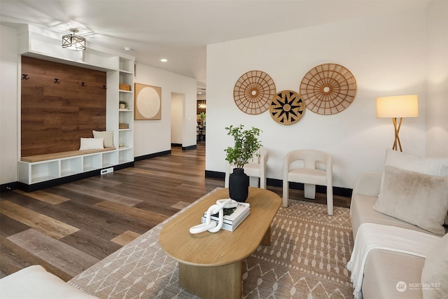 living room with dark wood-type flooring