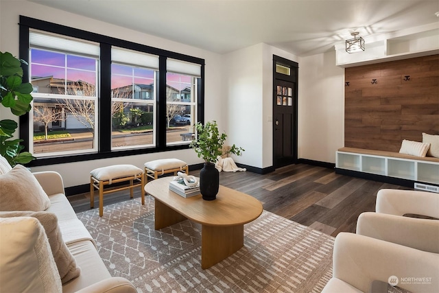 living room with dark wood-type flooring