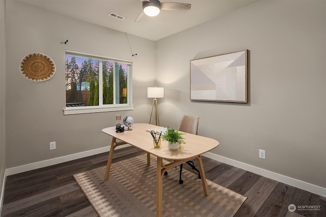 office featuring ceiling fan and dark wood-type flooring