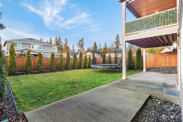 view of yard featuring a patio and a trampoline