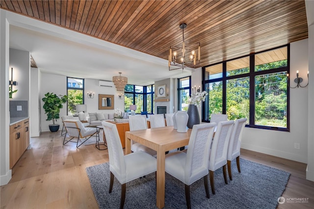 dining area with a wall mounted air conditioner, light wood-type flooring, an inviting chandelier, and wooden ceiling