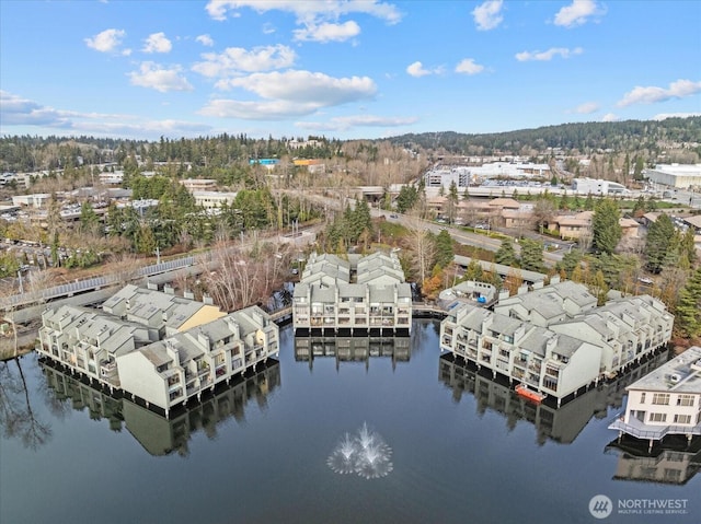 bird's eye view with a water view