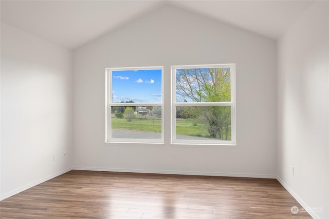 empty room featuring vaulted ceiling and light wood-type flooring