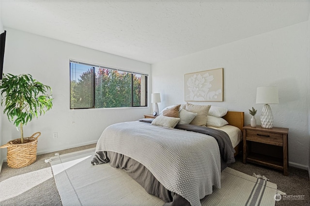 bedroom with carpet and a textured ceiling