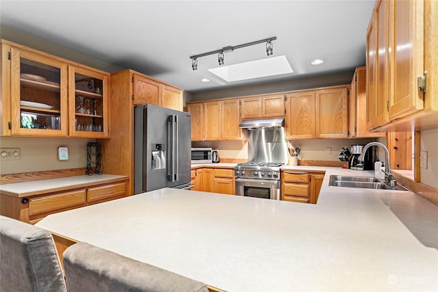 kitchen featuring a skylight, sink, a kitchen bar, high end appliances, and kitchen peninsula