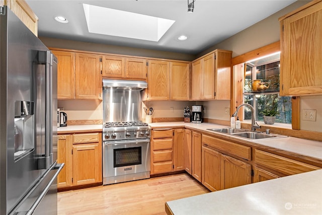 kitchen featuring sink, a skylight, stainless steel appliances, and light hardwood / wood-style floors