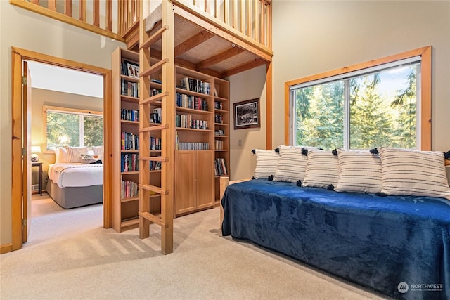 carpeted bedroom featuring a high ceiling