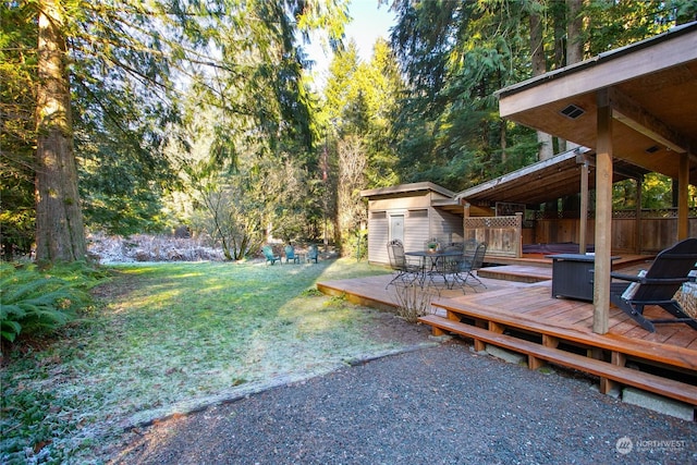 view of yard with a deck and a storage unit