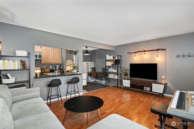 living room with hardwood / wood-style flooring and sink