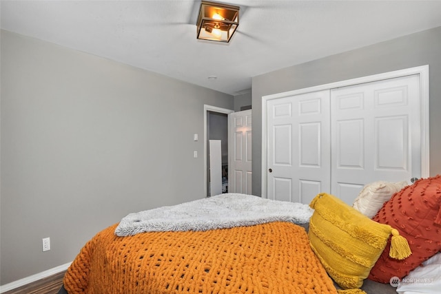 bedroom with hardwood / wood-style floors and a closet