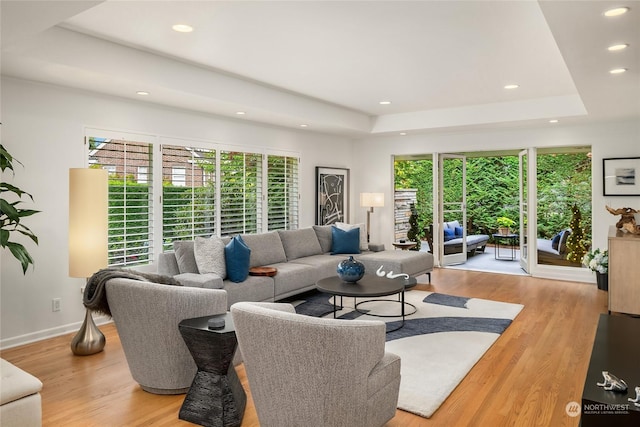 living room with a tray ceiling and light hardwood / wood-style flooring