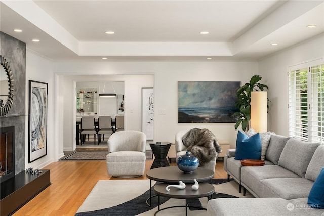 living room with a raised ceiling, a large fireplace, and hardwood / wood-style flooring