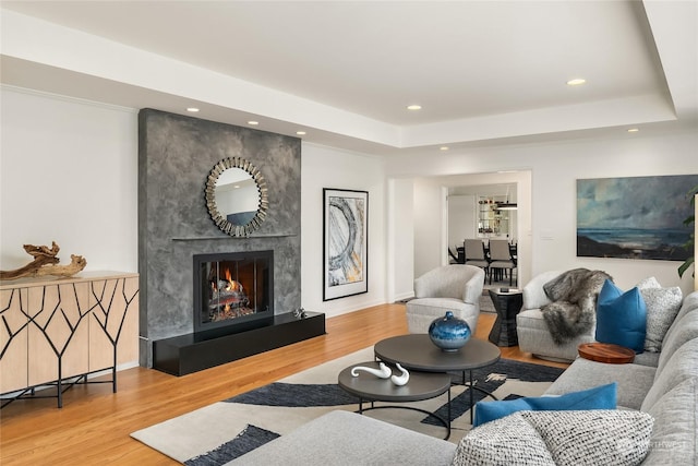 living room featuring hardwood / wood-style floors, a large fireplace, and a tray ceiling