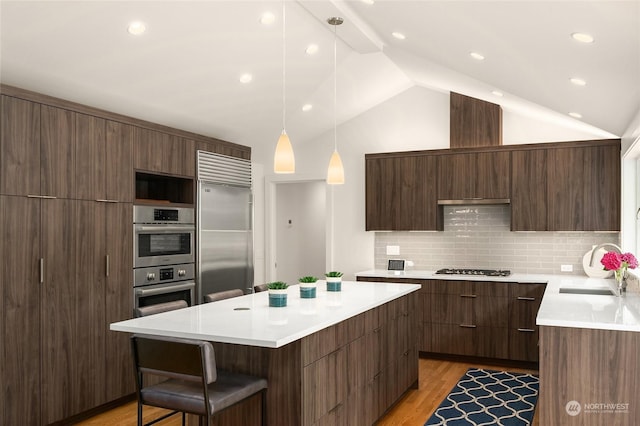 kitchen with stainless steel appliances, vaulted ceiling, tasteful backsplash, light hardwood / wood-style flooring, and pendant lighting