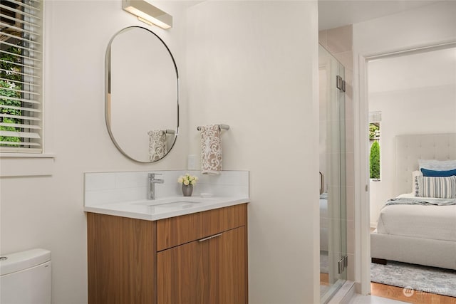 bathroom featuring a shower with door, vanity, and toilet