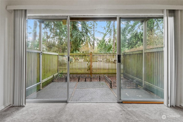 doorway with carpet flooring