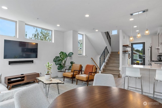 living room featuring light wood-type flooring and a healthy amount of sunlight