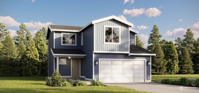 view of front of house featuring a garage and a front lawn