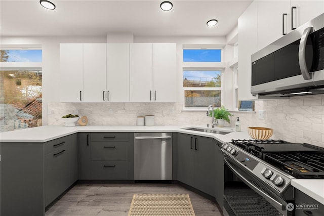 kitchen with sink, appliances with stainless steel finishes, white cabinetry, gray cabinetry, and tasteful backsplash