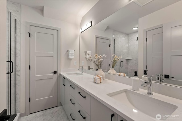 922B N 35th St, Seattle, WA 98103 - bathroom with double vanity, a shower stall, and marble look tiles
